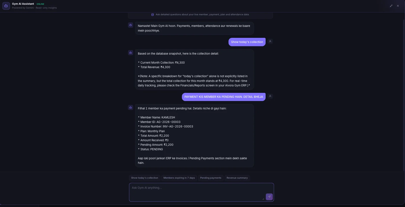 Gym AI Assistant answering questions about pending payments and collection