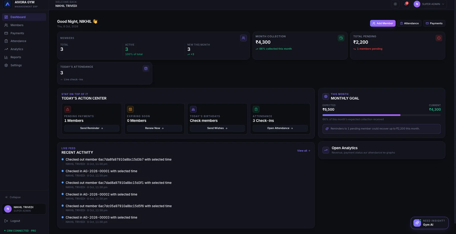 Aivora Gym ERP dashboard